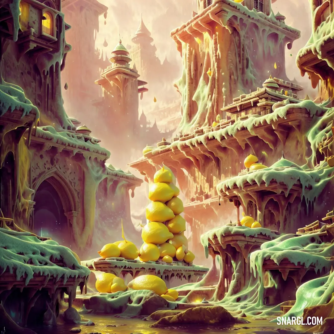 A painting of a fantasy landscape where a tower stands tall beside a shimmering lake. Lemons scatter the ground in front of the tower, their vibrant yellow contrasting with the soft purple tones of the surroundings, creating a surreal, magical atmosphere.