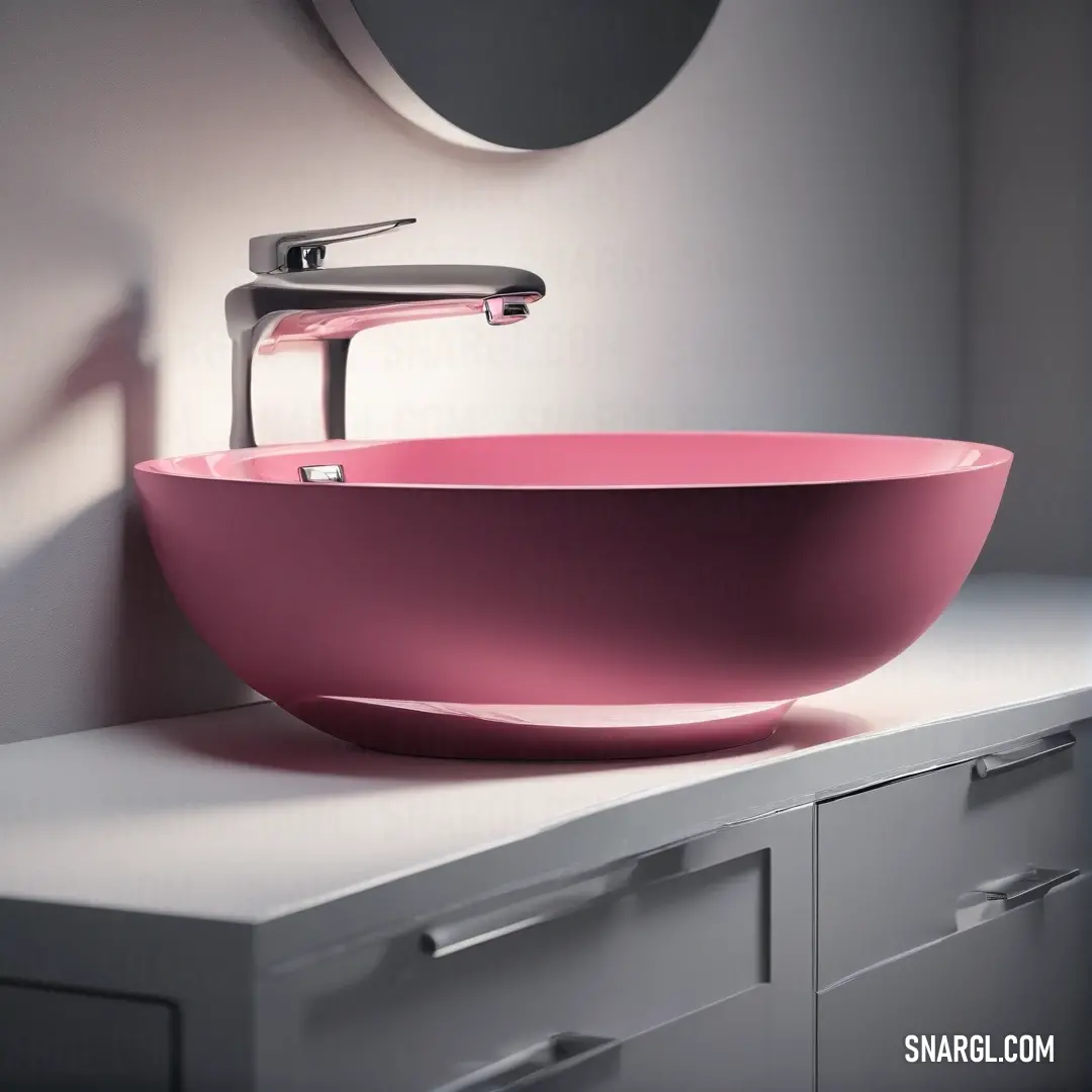 A modern pink bowl sink artfully arranged atop a sleek counter, set against a backdrop featuring a mirror and elegant faucet, demonstrating a delightful blend of soft color and functional design - CMYK 66,100,8,27.