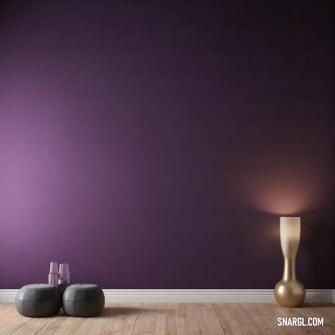 A stylish room adorned with a rich purple wall, two chic stools, and a floor lamp, creating a cozy and welcoming ambiance. The color brings a creative flair, perfect for inspiring relaxation and conversation.