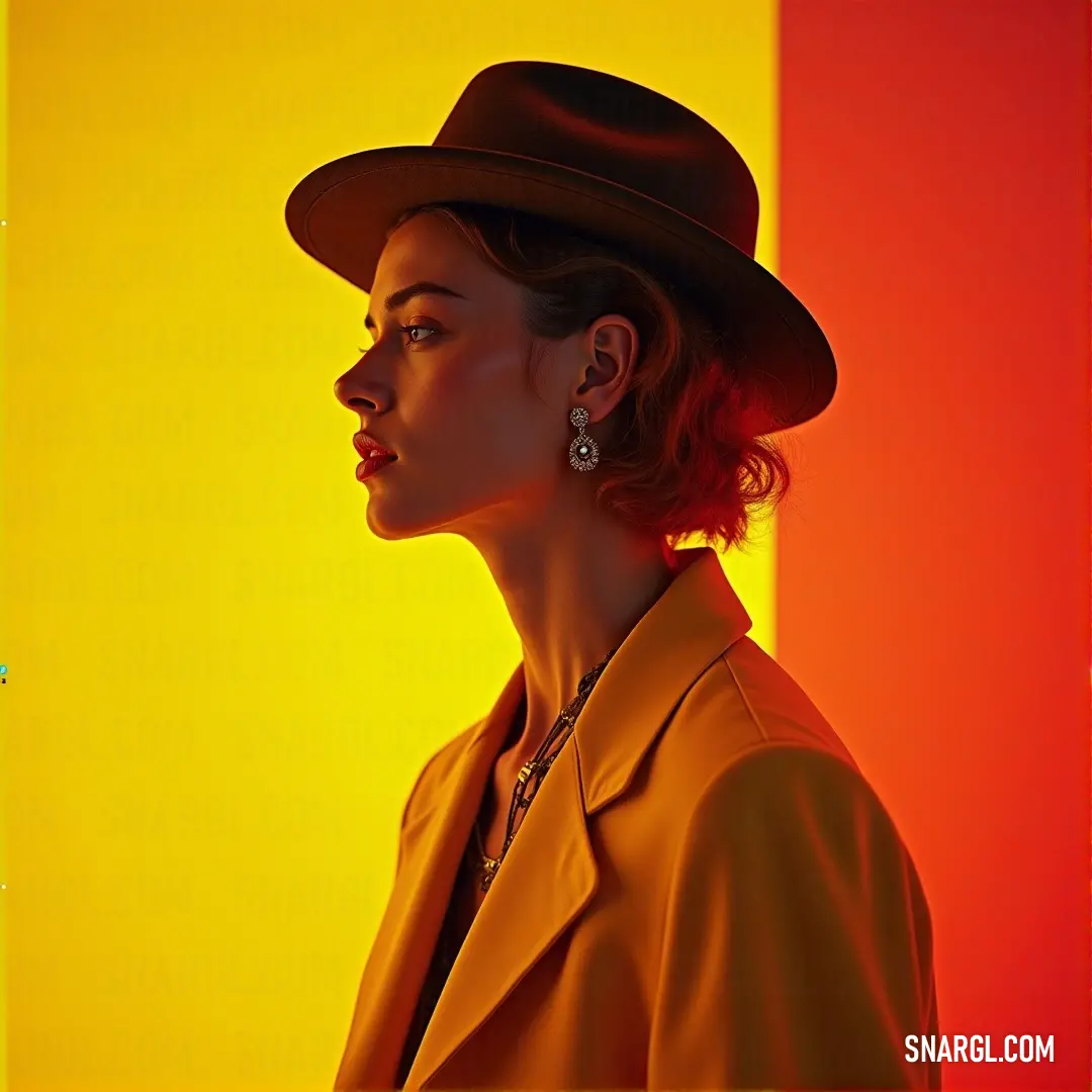 A whimsical woman caught in a playful pose, adorned with a vibrant yellow jacket and an eye-catching hat, against a bold red background that adds energy to the scene.