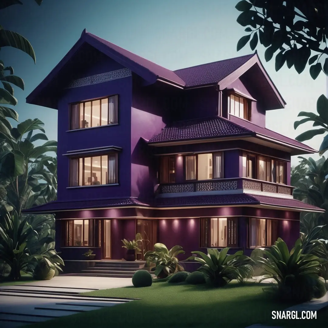 Purple house with a lot of windows and a lot of plants in front of it and a lot of trees. Example of CMYK 66,100,8,27 color.