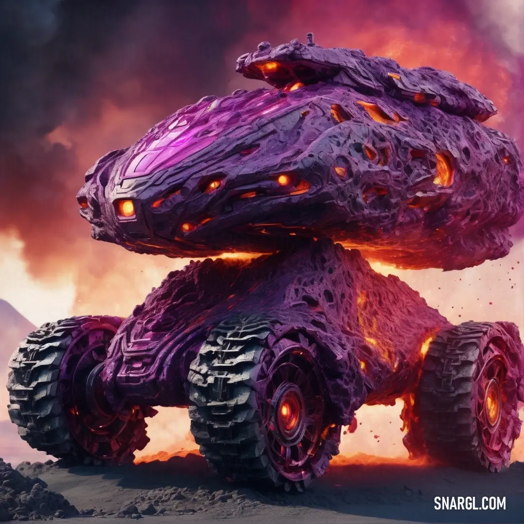 Purple monster truck with glowing eyes and wheels on a desert landscape with a purple sky and clouds behind it