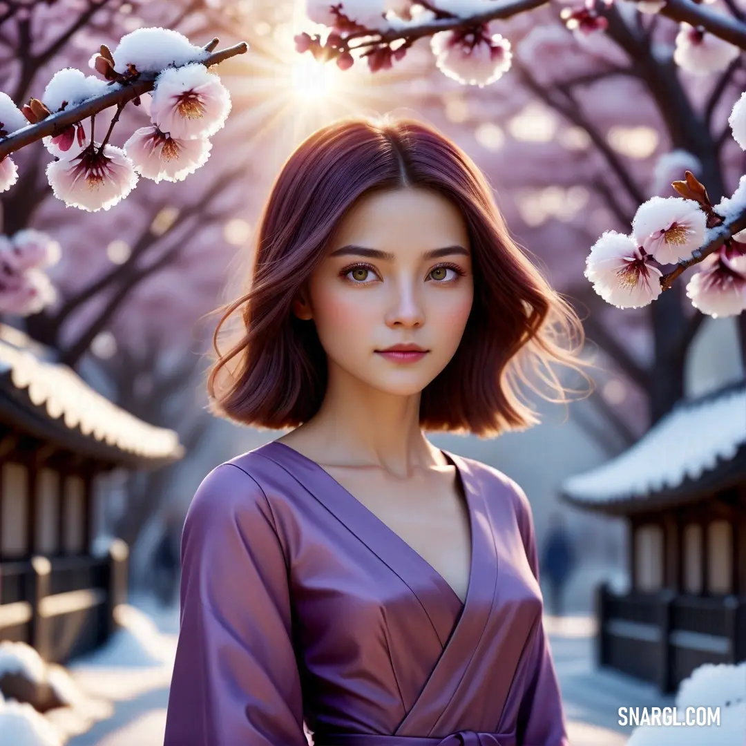 Woman in a purple dress standing in front of a cherry blossom tree with the sun shining through the branches. Color PANTONE 260.