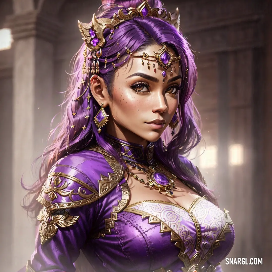 Woman in a purple outfit with a crown on her head and a purple hair and makeup is standing in a room. Color #6B2F6B.
