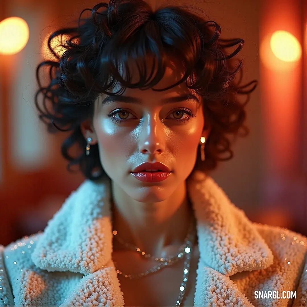 A poised woman dons a shimmering necklace and a stylish jacket, radiating confidence as she poses in a warmly lit room, surrounded by twinkling lights that enhance the ambiance.