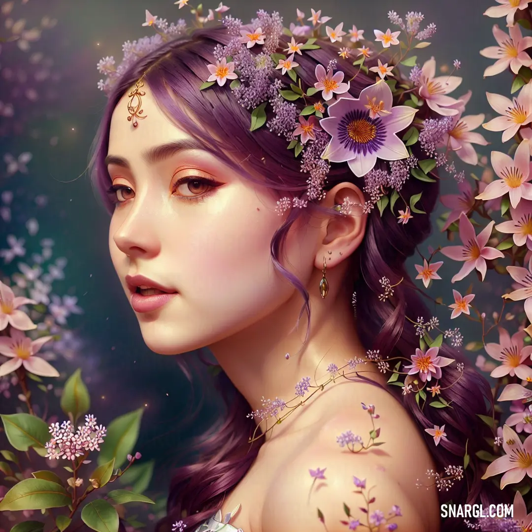 A woman with a flower crown in her hair is surrounded by an array of flowers and butterflies. Her vibrant aura blends beautifully with the natural elements around her, creating a serene and enchanting scene.