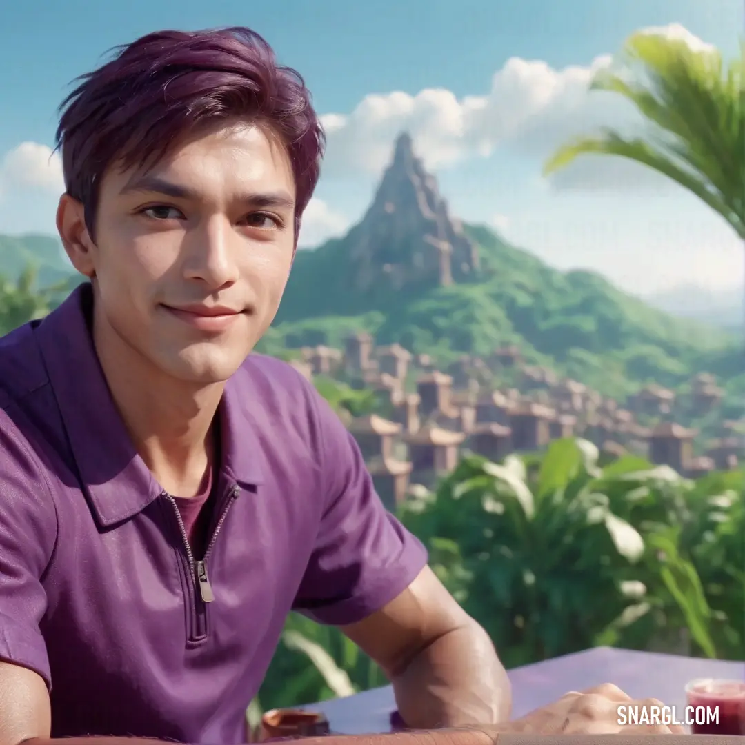 Man at a table with a purple shirt on and a mountain in the background. Example of CMYK 65,100,0,0 color.