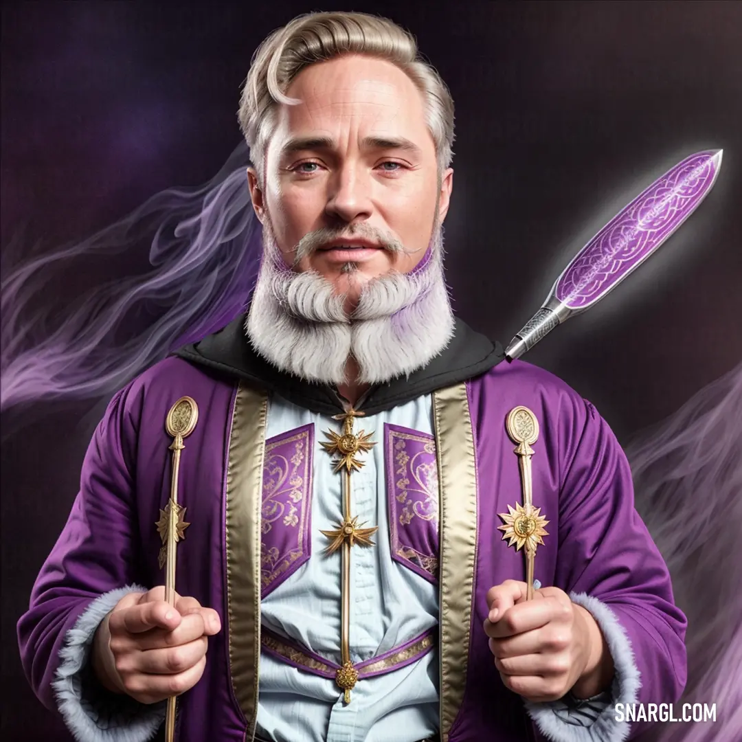 PANTONE 2602 color example: Man in a purple outfit holding two large spoons and a knife in his hands with a purple background
