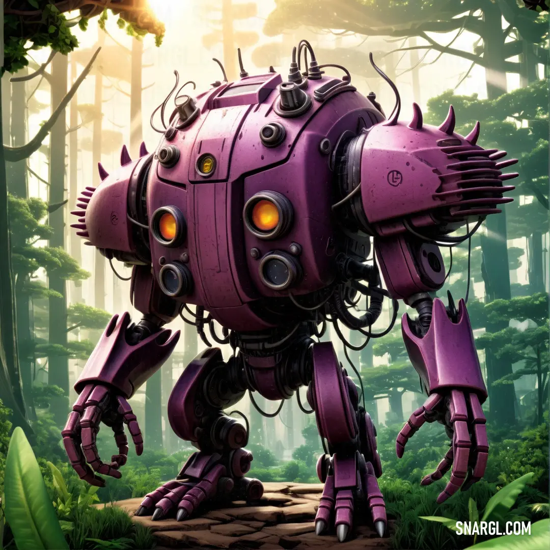 Purple robot walking through a forest filled with trees and plants. Example of RGB 128,45,130 color.