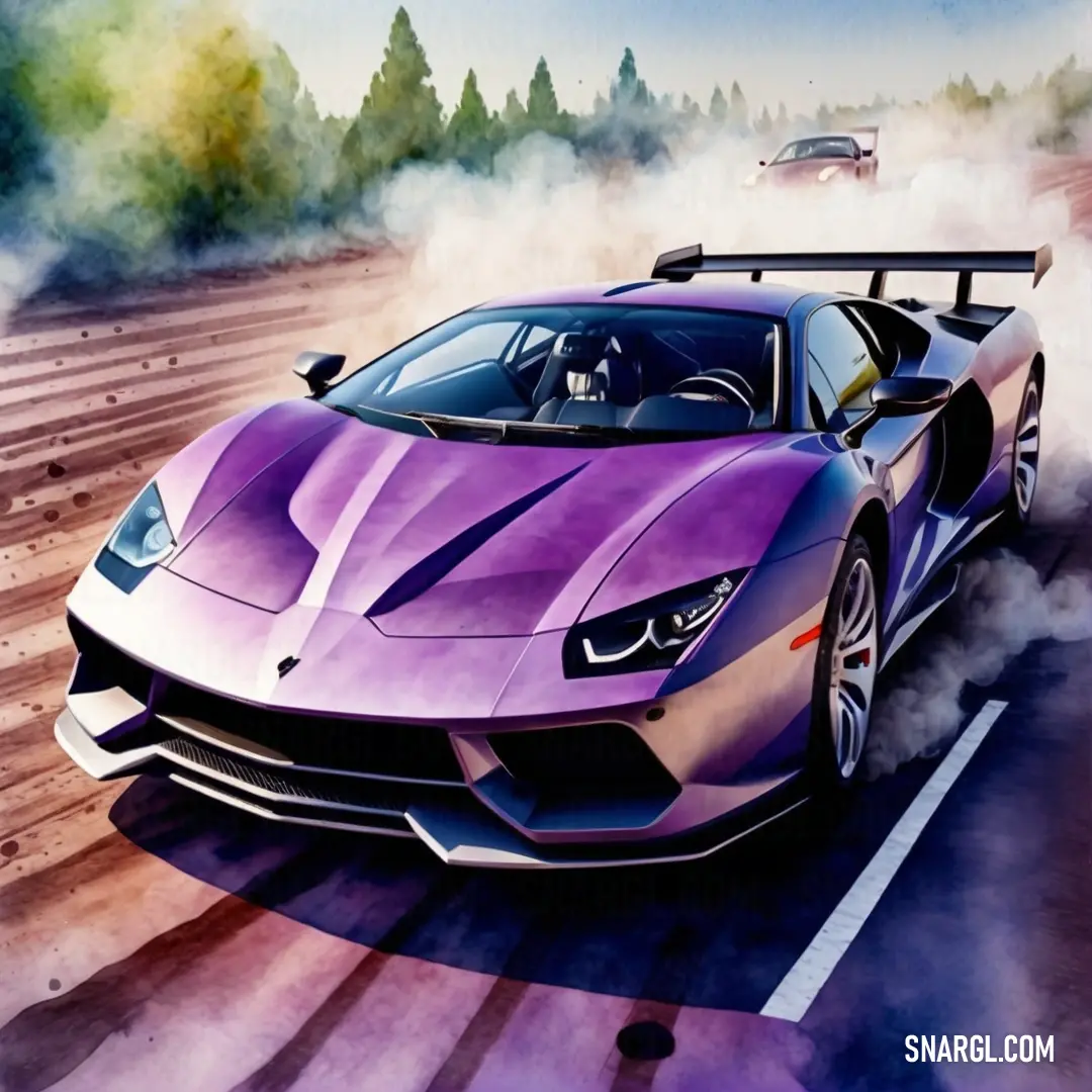 Purple sports car driving down a road with smoke coming out of it's tires and a car in the background. Color PANTONE 2602.