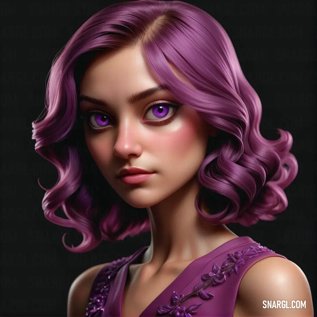 Woman with purple hair and purple eyes is shown in this digital painting style photo by alex klos. Example of PANTONE 2602 color.