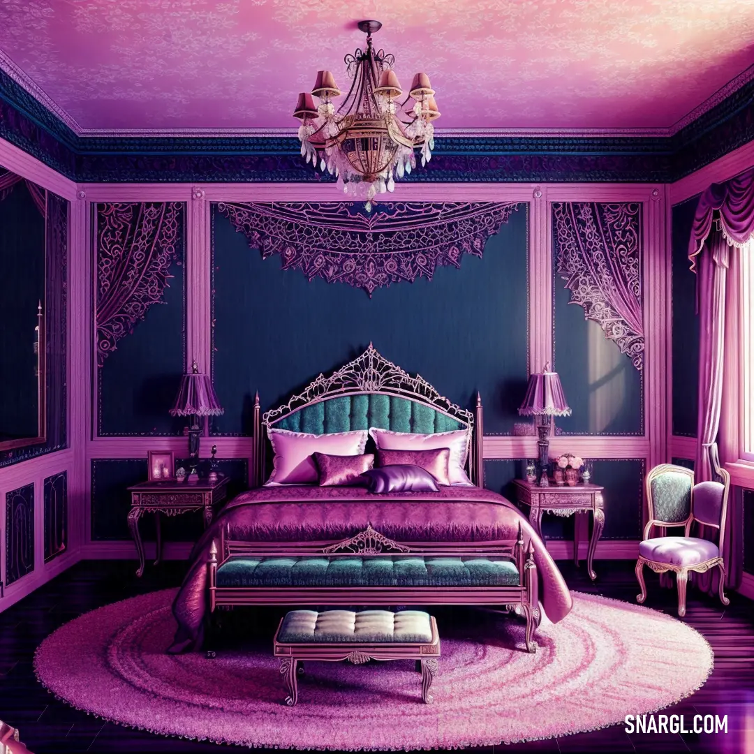 PANTONE 2603 color. Bedroom with a purple and blue theme and a chandelier hanging from the ceiling and a bed with a purple