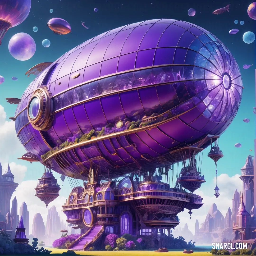 Futuristic city with a giant purple object in the middle of it's landscape. Example of CMYK 72,99,0,3 color.
