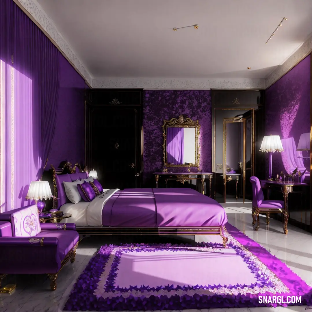 Bedroom with purple walls and a large bed with purple sheets and pillows and a purple chair and ottoman. Color PANTONE 2603.