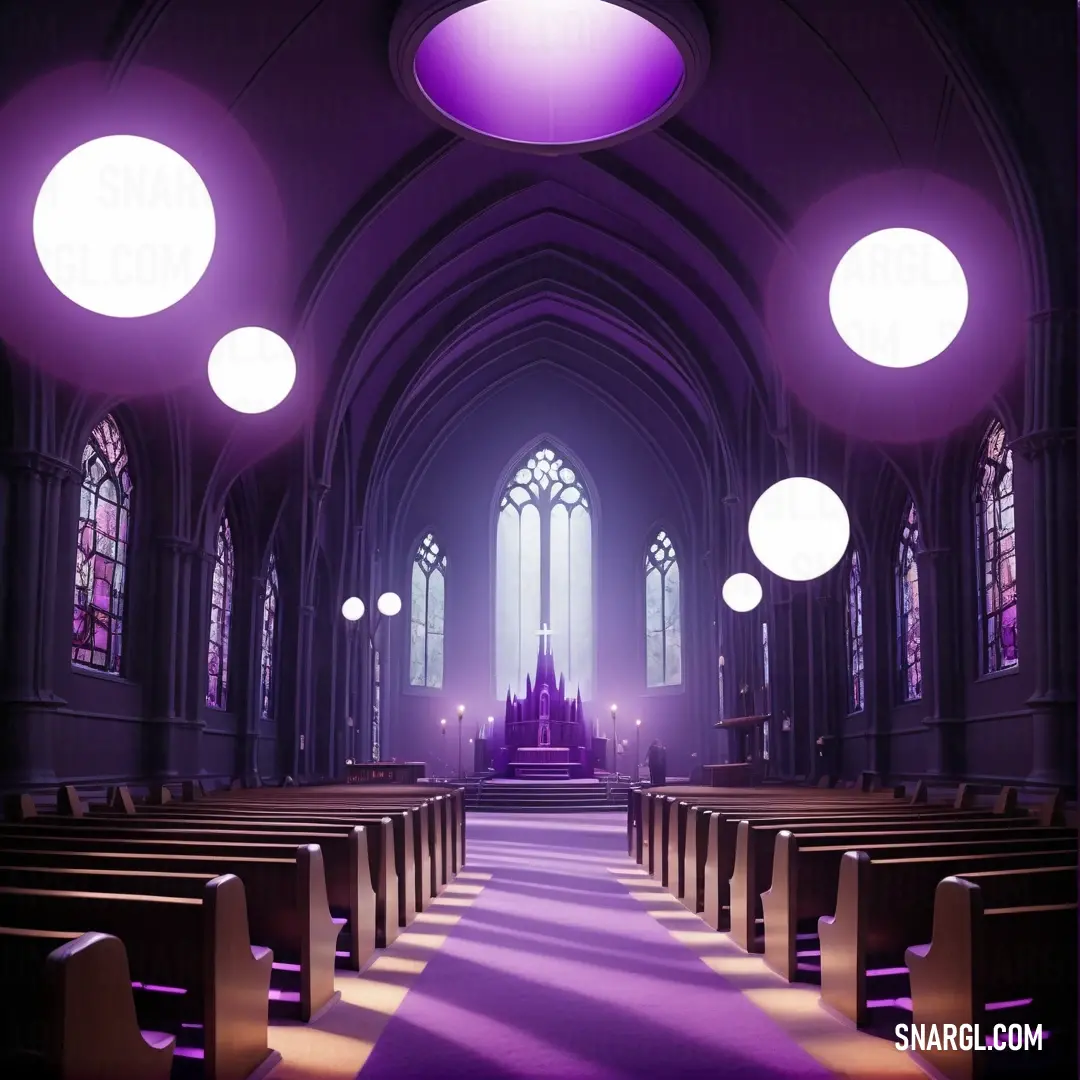 Church with a purple light coming from the ceiling and a purple carpet on the floor and a row of pews. Example of CMYK 72,99,0,3 color.