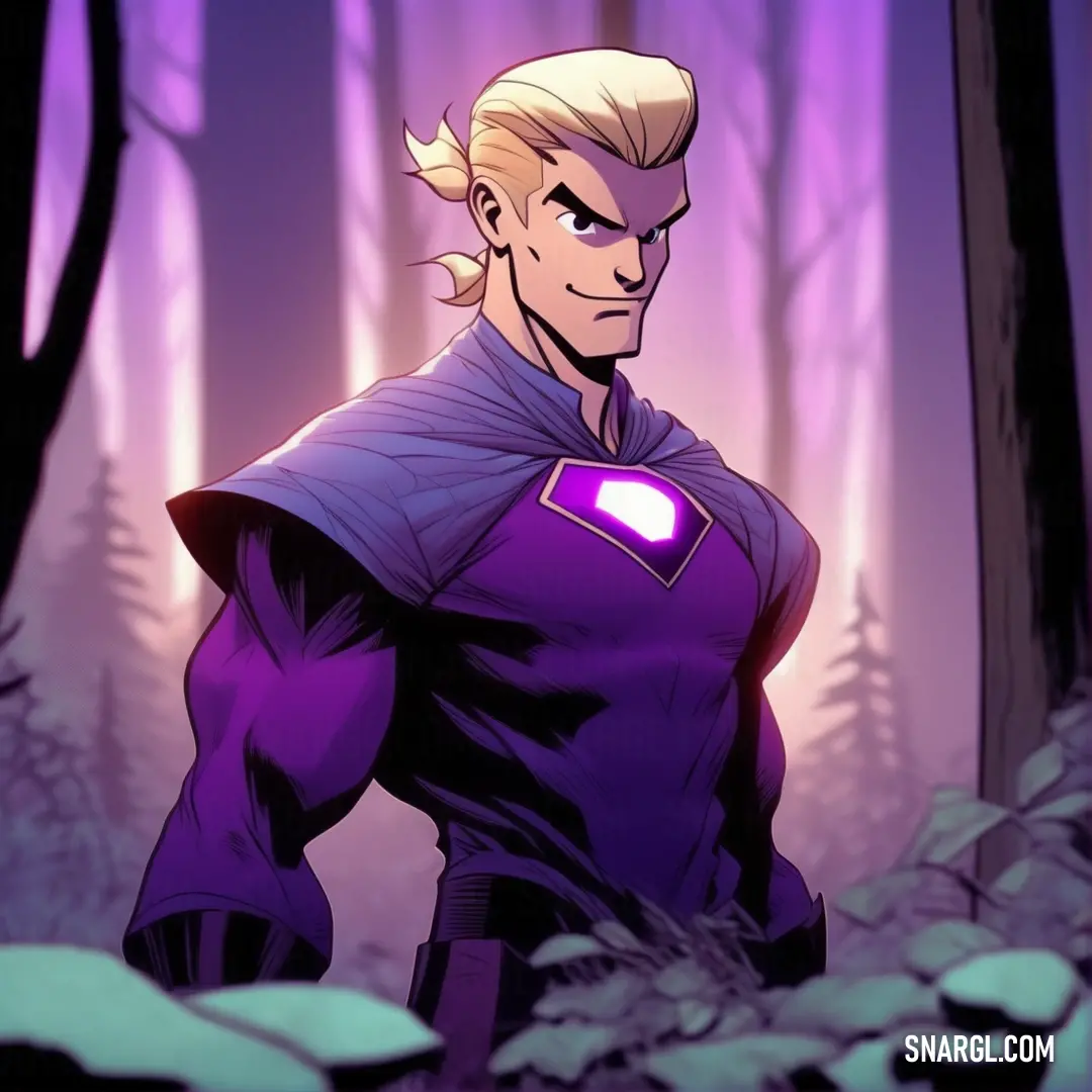 Man in a purple suit standing in a forest with trees and snow on the ground and a purple light shining on his chest