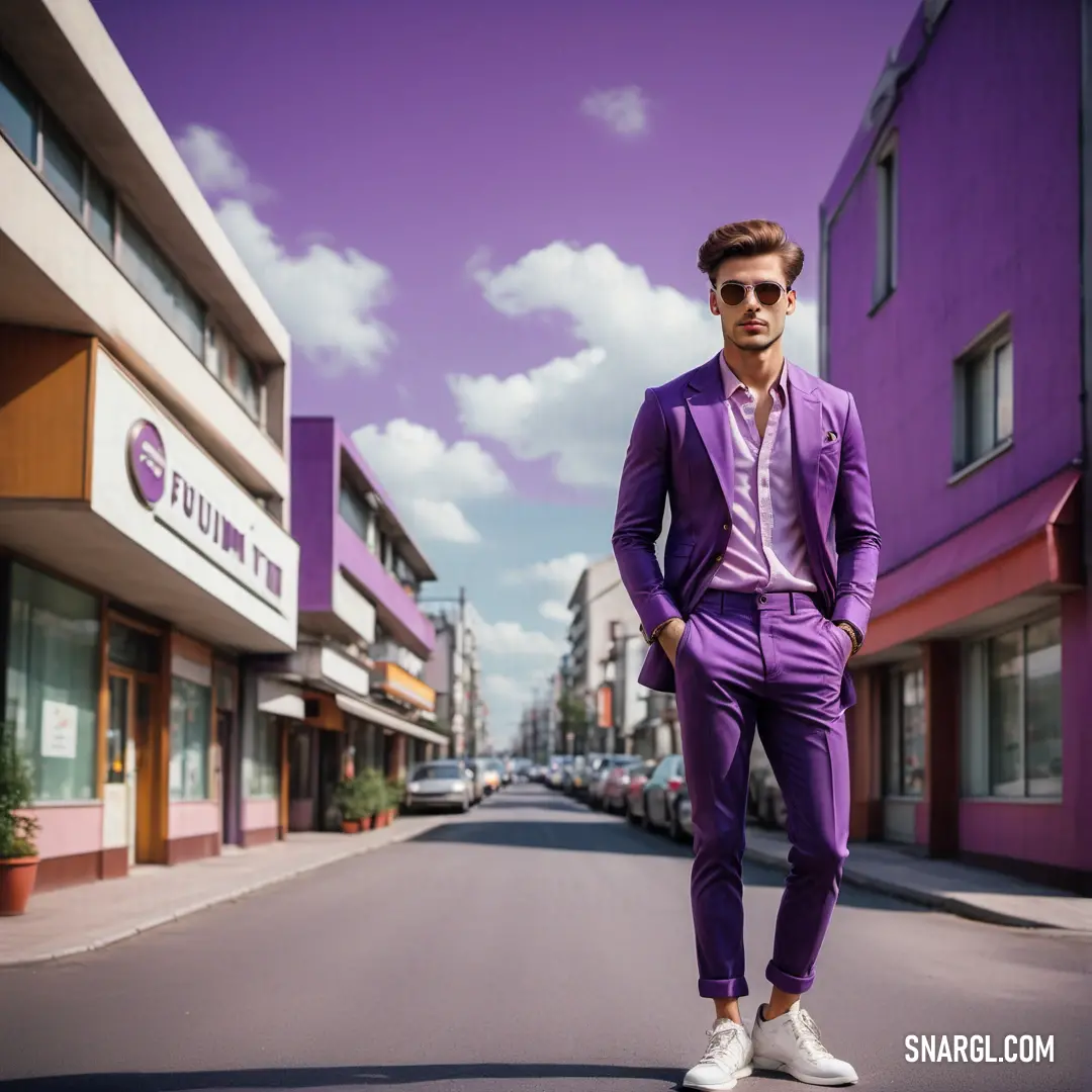 Man in a purple suit is standing on the street in front of a purple building. Example of CMYK 72,99,0,3 color.