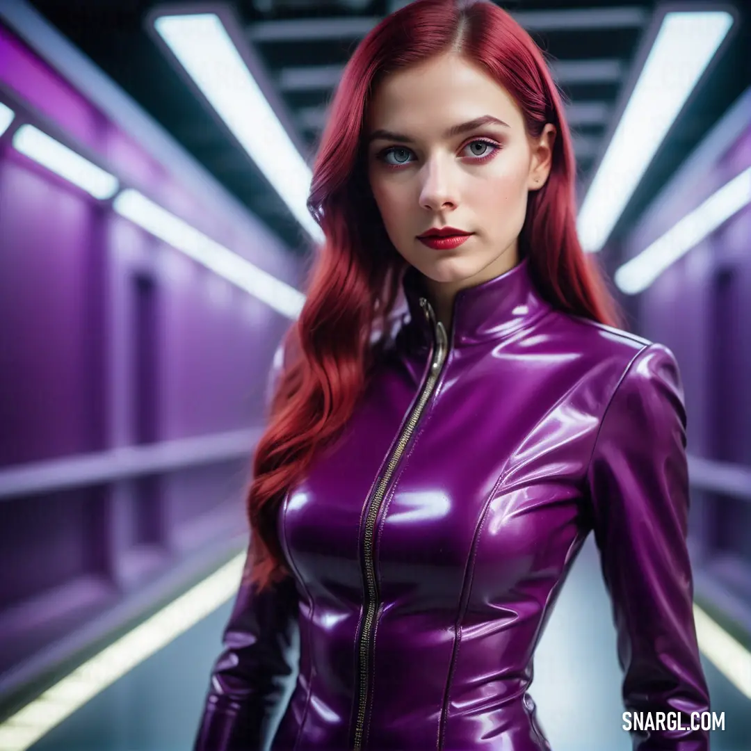 Woman in a purple leather suit is standing in a tunnel with lights on the ceiling. Example of CMYK 72,99,0,3 color.