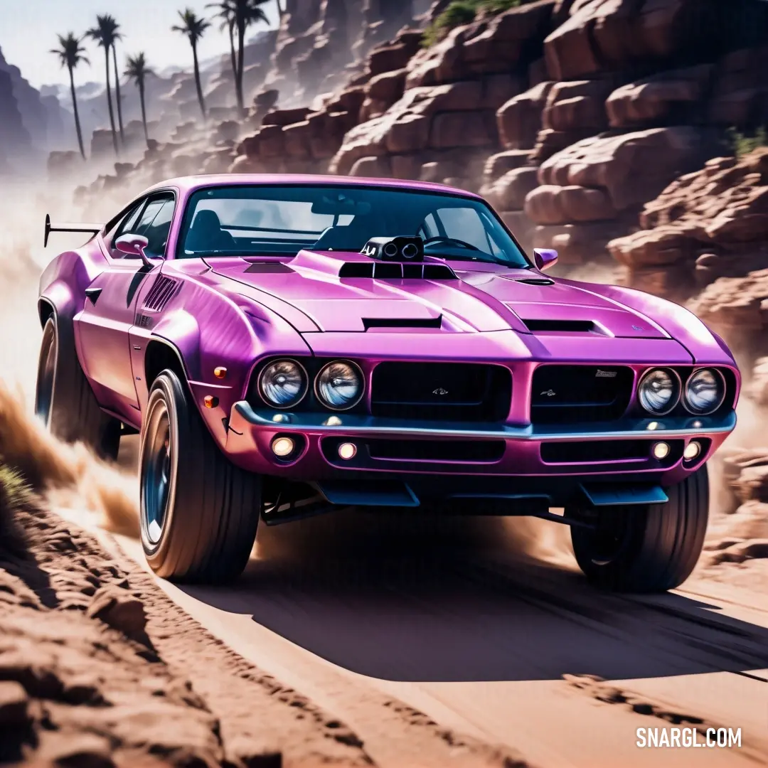 Pink car driving down a desert road with rocks and palm trees in the background. Color CMYK 72,99,0,3.