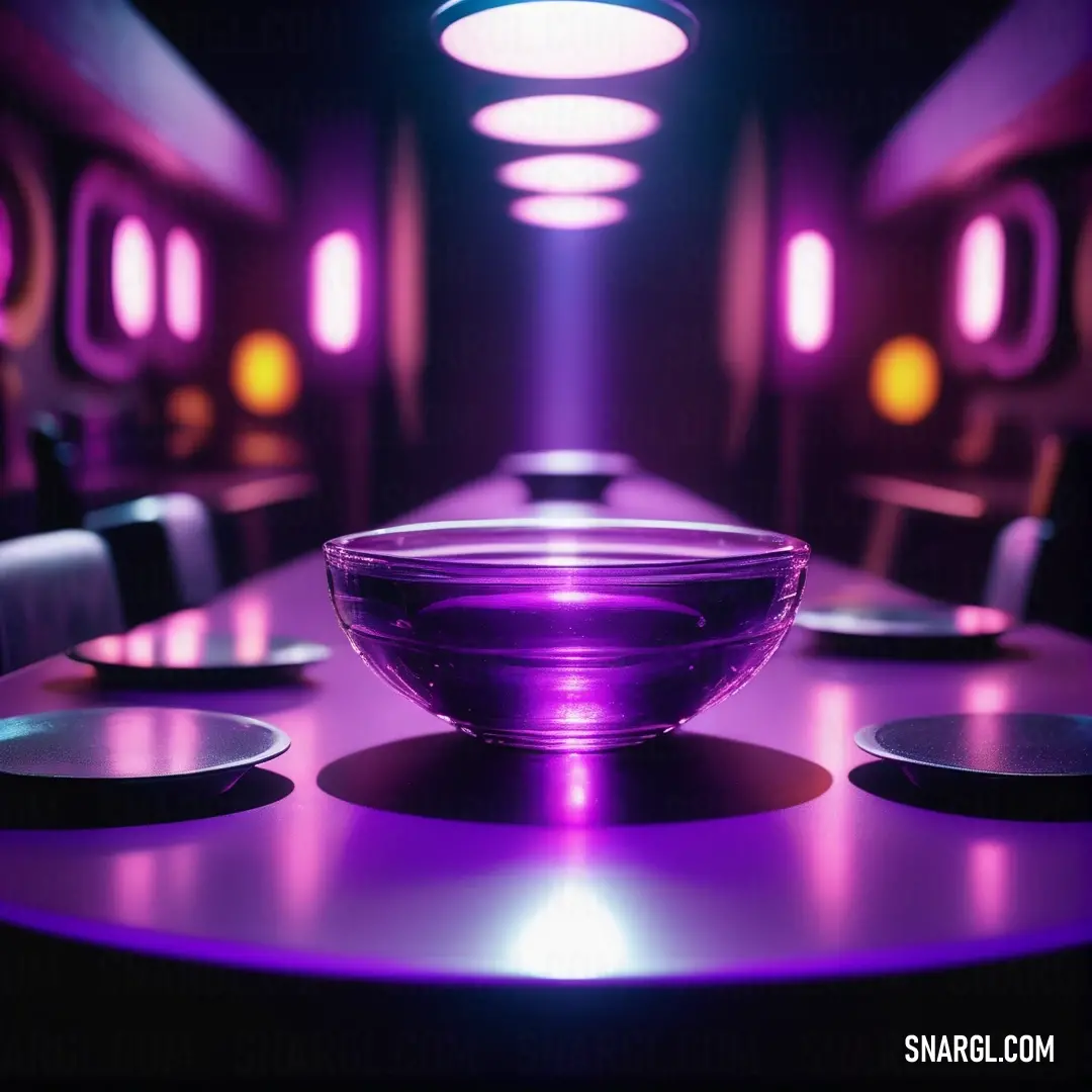 Purple bowl on top of a table in a room with purple lights on it and a purple light shining down the ceiling. Example of #743182 color.