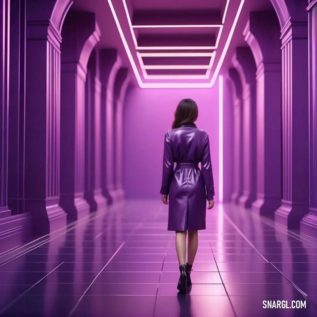 PANTONE 2603 color example: Woman in a purple coat walking down a hallway with columns and a neon light on the ceiling above her