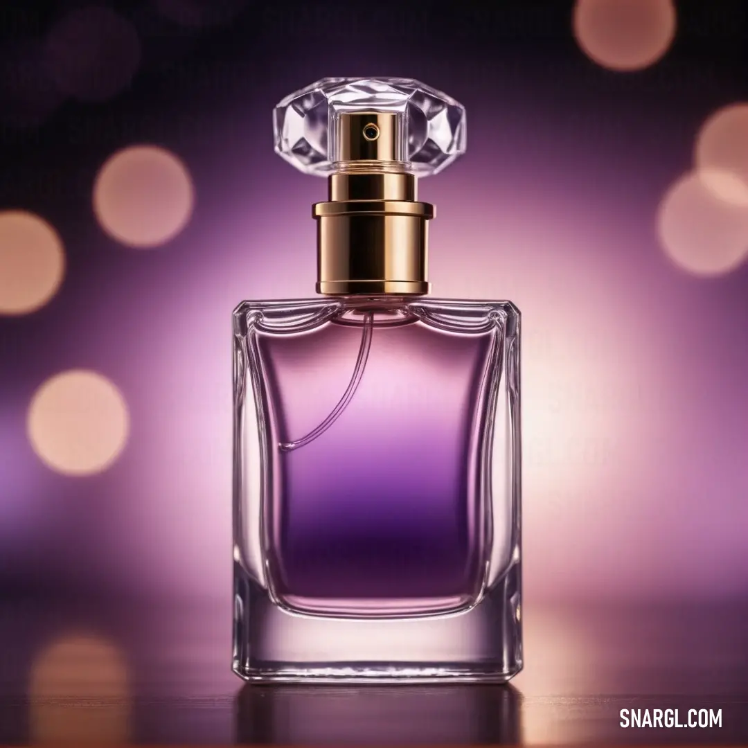 Bottle of perfume on a table with a blurry background. Example of RGB 91,46,126 color.