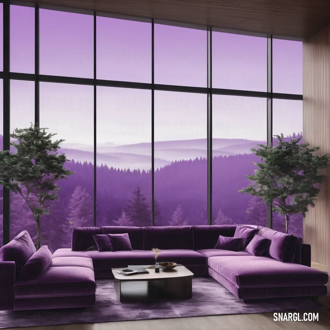 Living room with a large window and a purple couch in front of a large window with a view of the mountains. Example of CMYK 83,99,0,2 color.