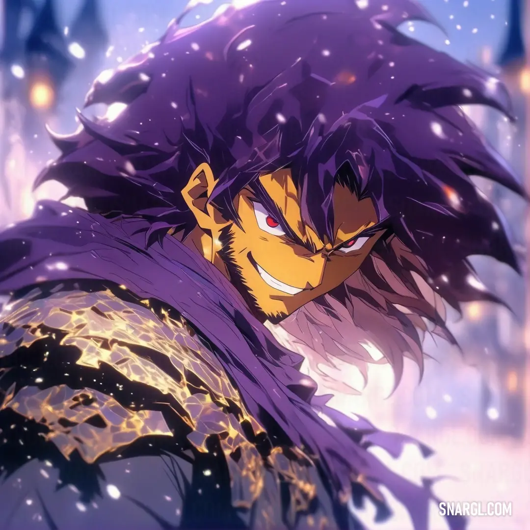 Man with purple hair and a purple outfit in the snow with a building in the background. Example of PANTONE 2607 color.