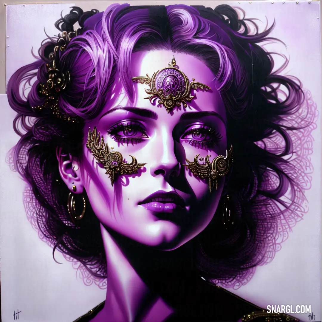 Painting of a woman with purple hair and a face mask on her face and a purple background. Color CMYK 83,99,0,2.