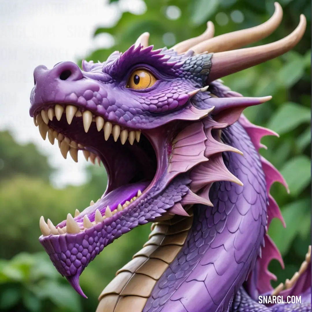Purple dragon statue with large horns and sharp teeth, with a green background. Example of RGB 91,46,126 color.