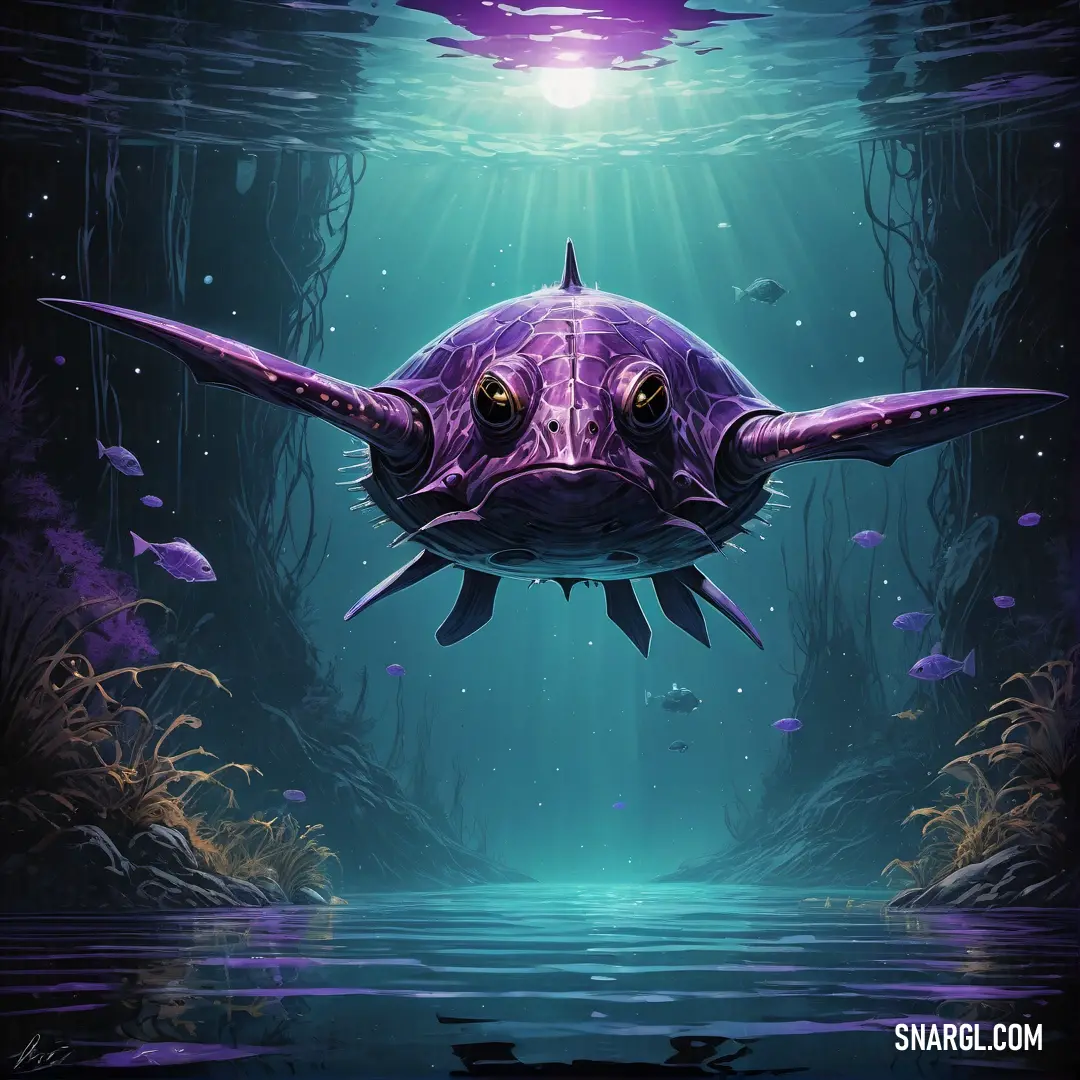 Purple fish floating in a deep blue sea with a light shining on it's head and a fish swimming in the water. Color PANTONE 2607.