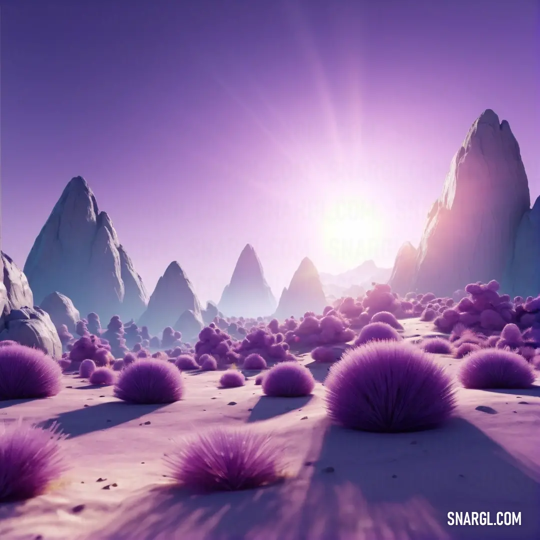 PANTONE 2607 color example: Purple landscape with mountains and bushes in the foreground and a bright sun in the background
