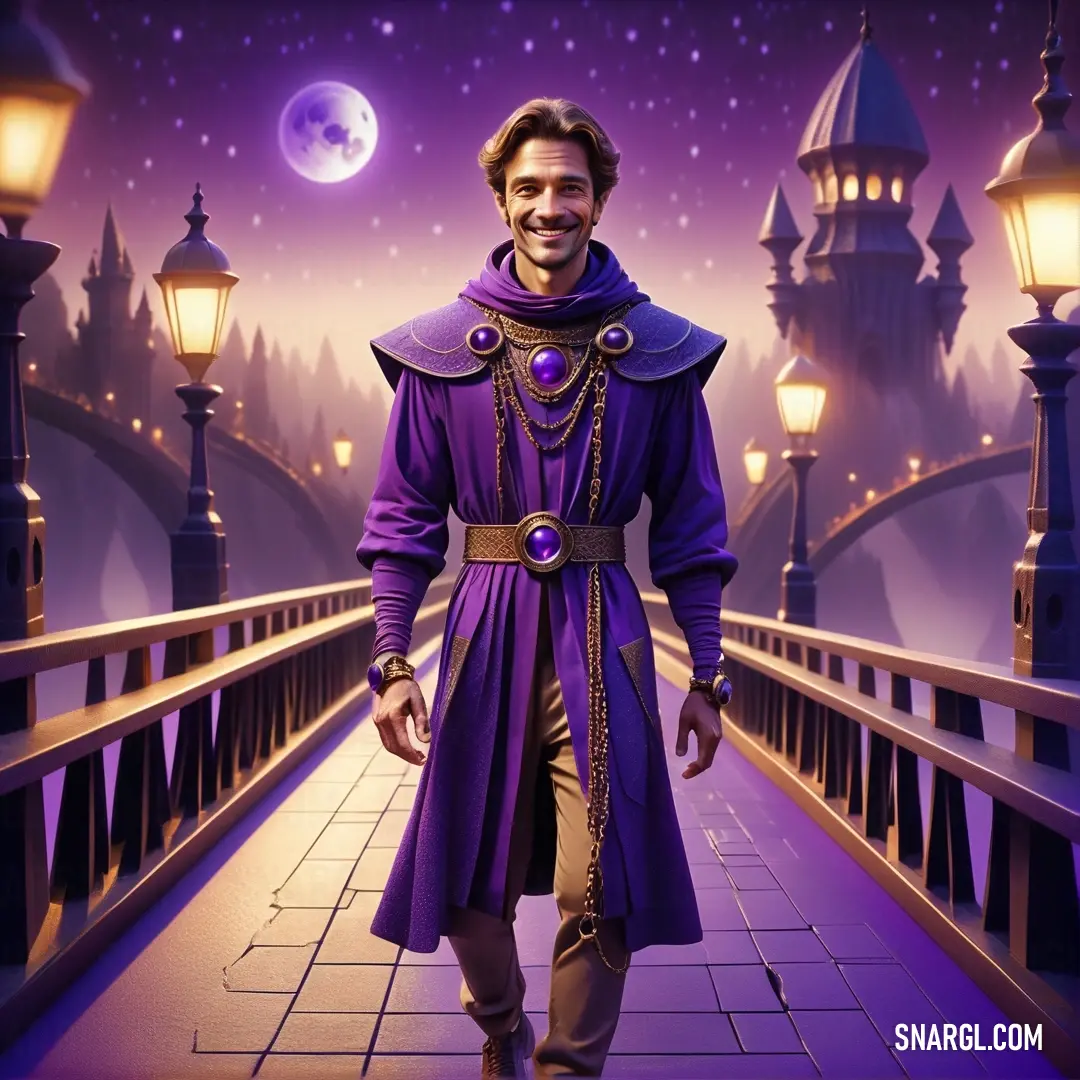 Man in a purple outfit is walking across a bridge at night with a full moon in the background. Color PANTONE 2612.
