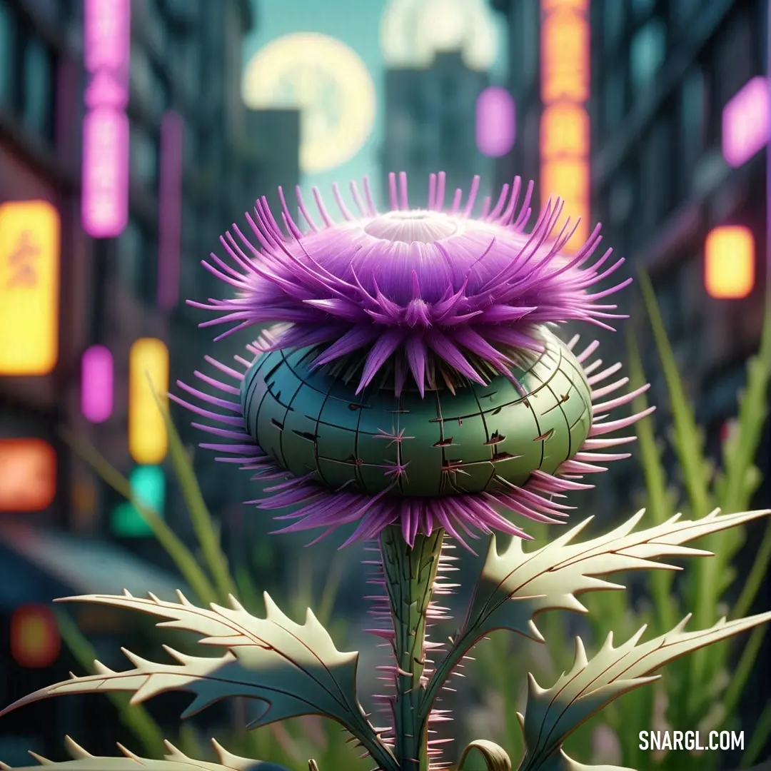 Purple flower with spikes on it in a city setting with neon lights in the background and a building