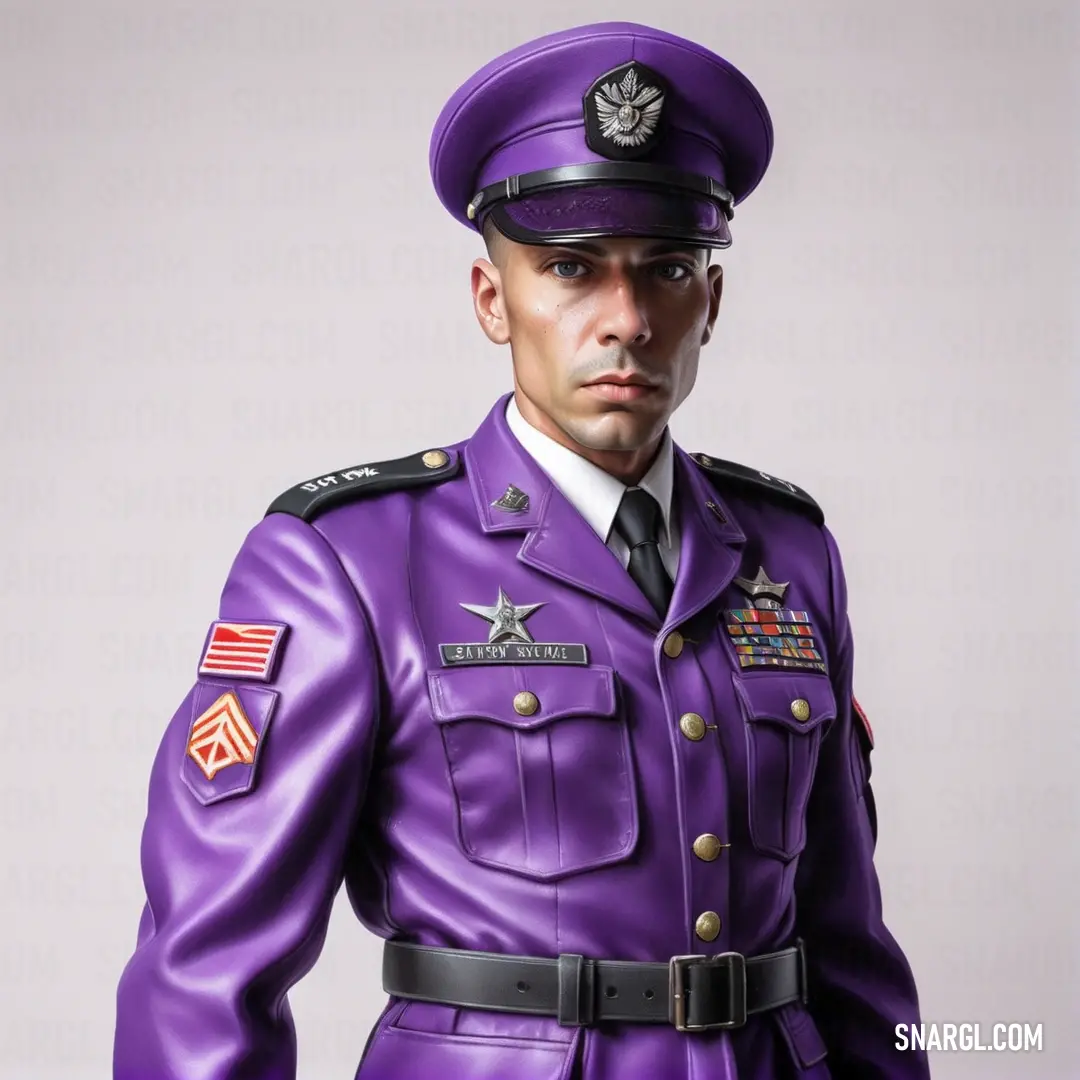 Man in a purple uniform is standing in front of a white background and wearing a black tie and a star on his lapel