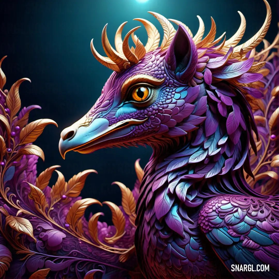 Purple dragon with orange eyes and gold feathers on its head and tail. Color #552B75.