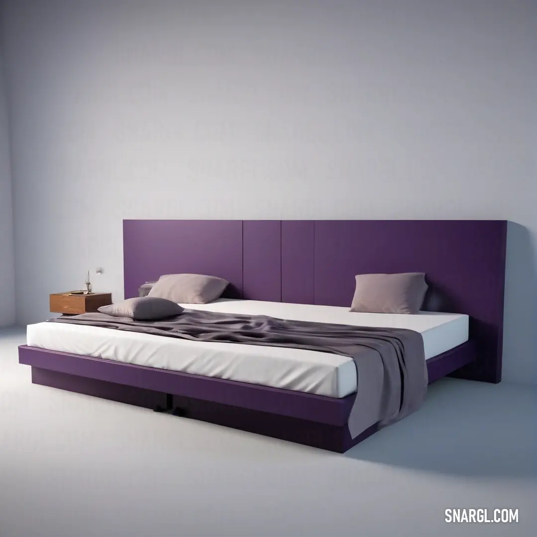 A contemporary bed with a stylish purple headboard and contrasting white frame stands elegantly. Inviting pillows and a sleek nightstand with a lamp create a harmonious retreat for restful nights and peaceful dreams.