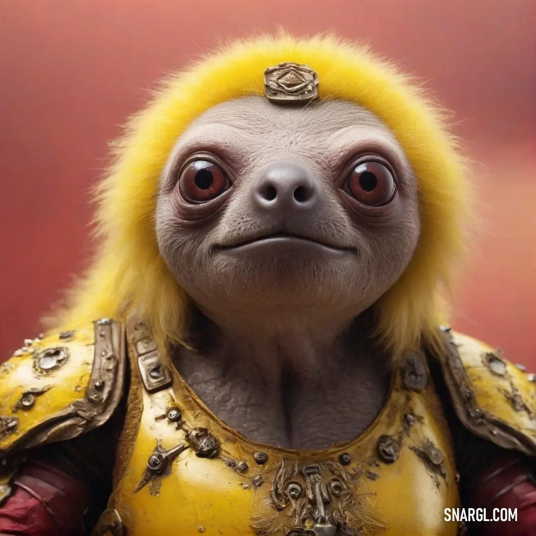 A charming close-up reveals a stuffed animal clad in a whimsical costume and helmet, highlighted by fluffy yellow fur that adds a delightful touch to this engaging character full of personality.