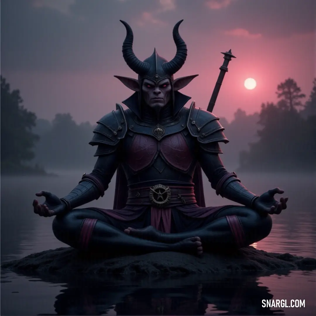 A mystical demon sits in a serene lotus position, wielding a sword, under the watchful gaze of a full moon. The deep, striking #632862 color envelops the scene, creating a mysterious yet calming aura that draws the viewer into this enchanting moment.