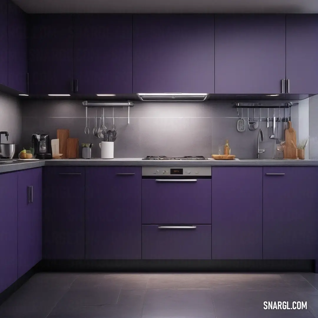 A kitchen featuring striking purple cabinets, complemented by a white countertop. Equipped with a stove, microwave, and sink, the space is both functional and stylish, featuring the rich hue of RGB 99,40,98.