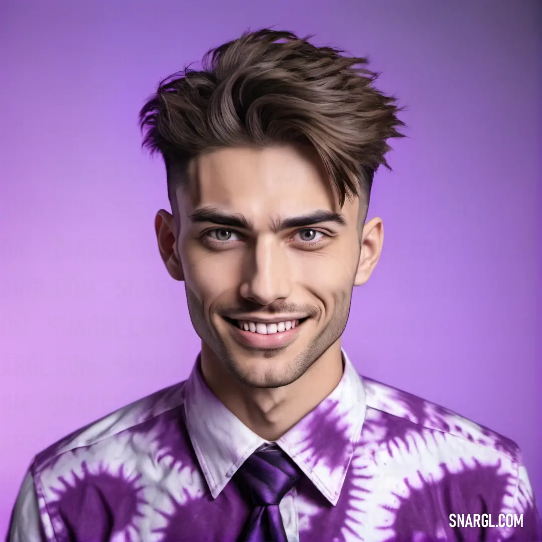 Man with a tie and a shirt on a purple background. Example of #632862 color.