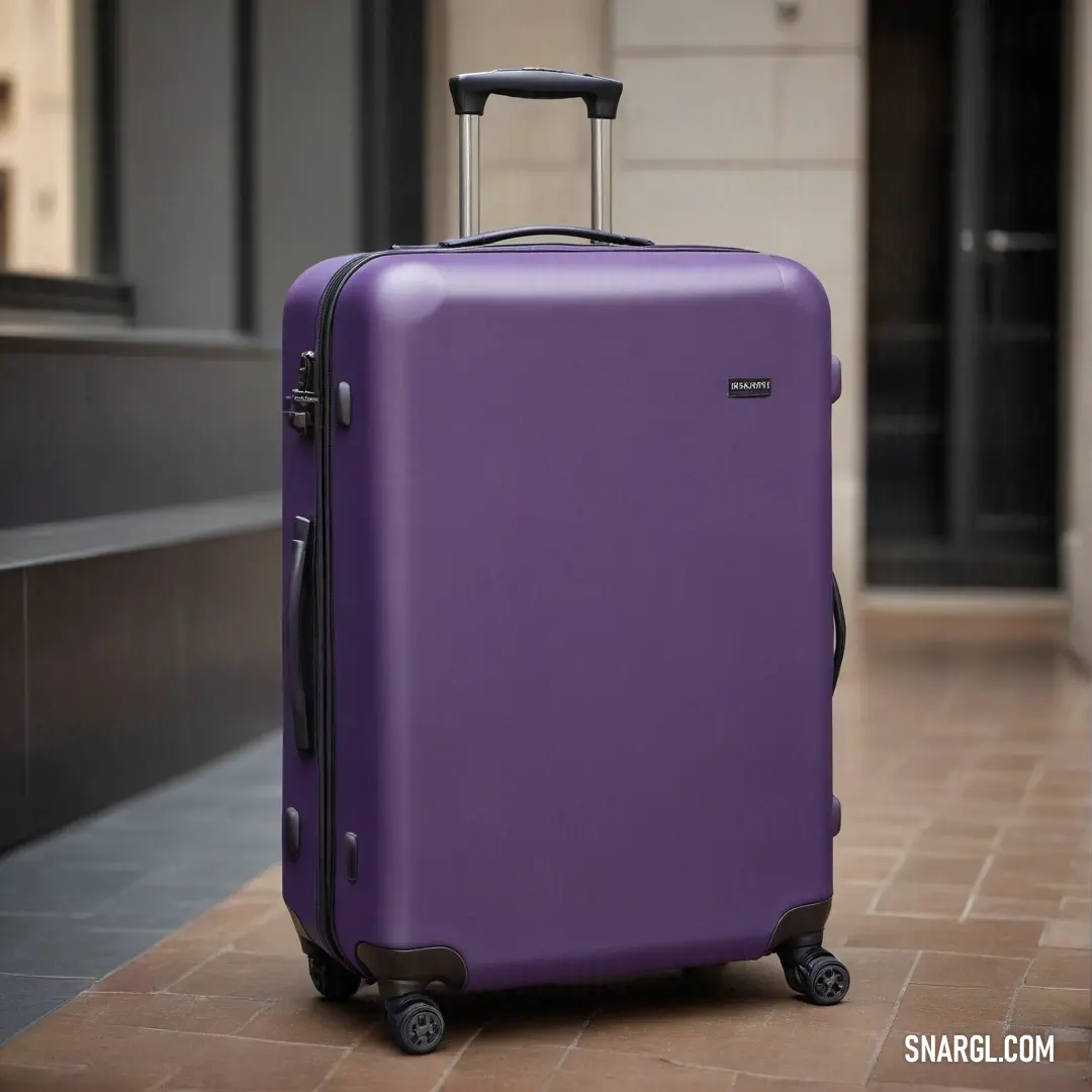 A purple suitcase rests on a tiled floor in a hallway, with a door in the background. The vibrant hue, reflecting CMYK 65,100,5,40, makes the suitcase a standout piece in the space.