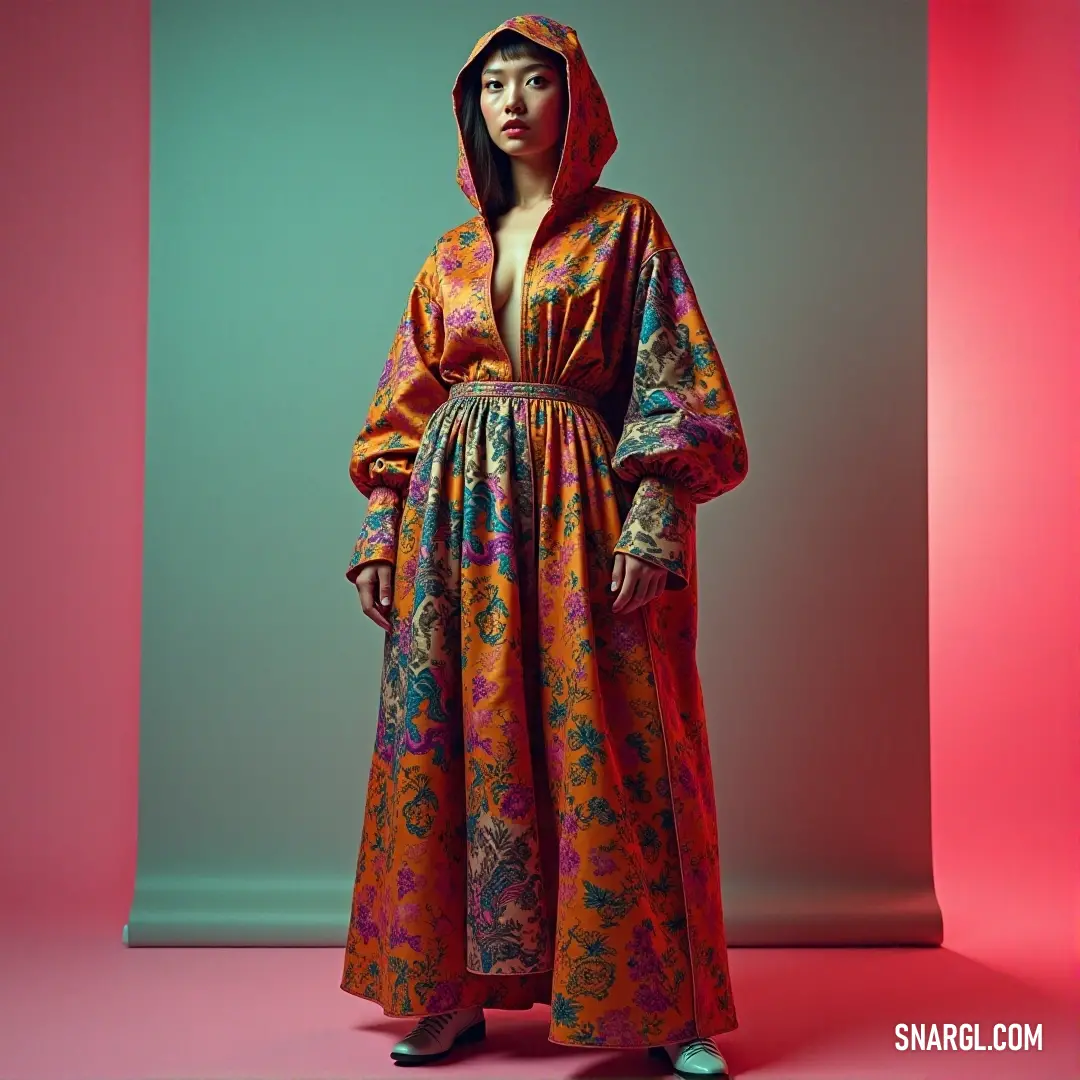 A colorful woman stands confidently in front of an abstract background, her vibrant dress harmonizing with the pink and green hues. This lively scene captures the essence of individuality and style, accented beautifully by the vivid PANTONE 2622 colors su