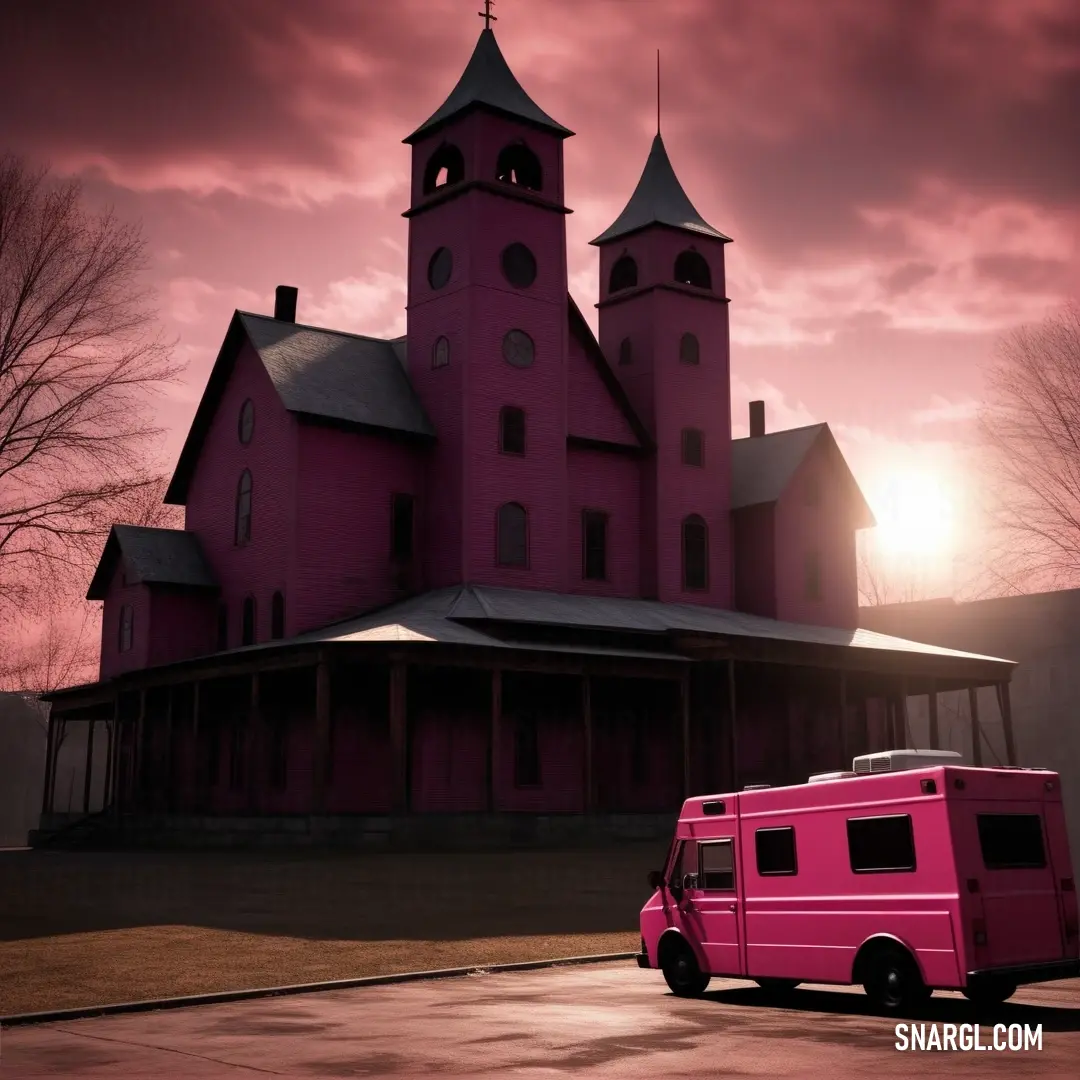 A pink van parked in front of a charming pink building with a clock tower. The deep pink hue of PANTONE 2622 creates a lively and cheerful contrast against the soft building facade.