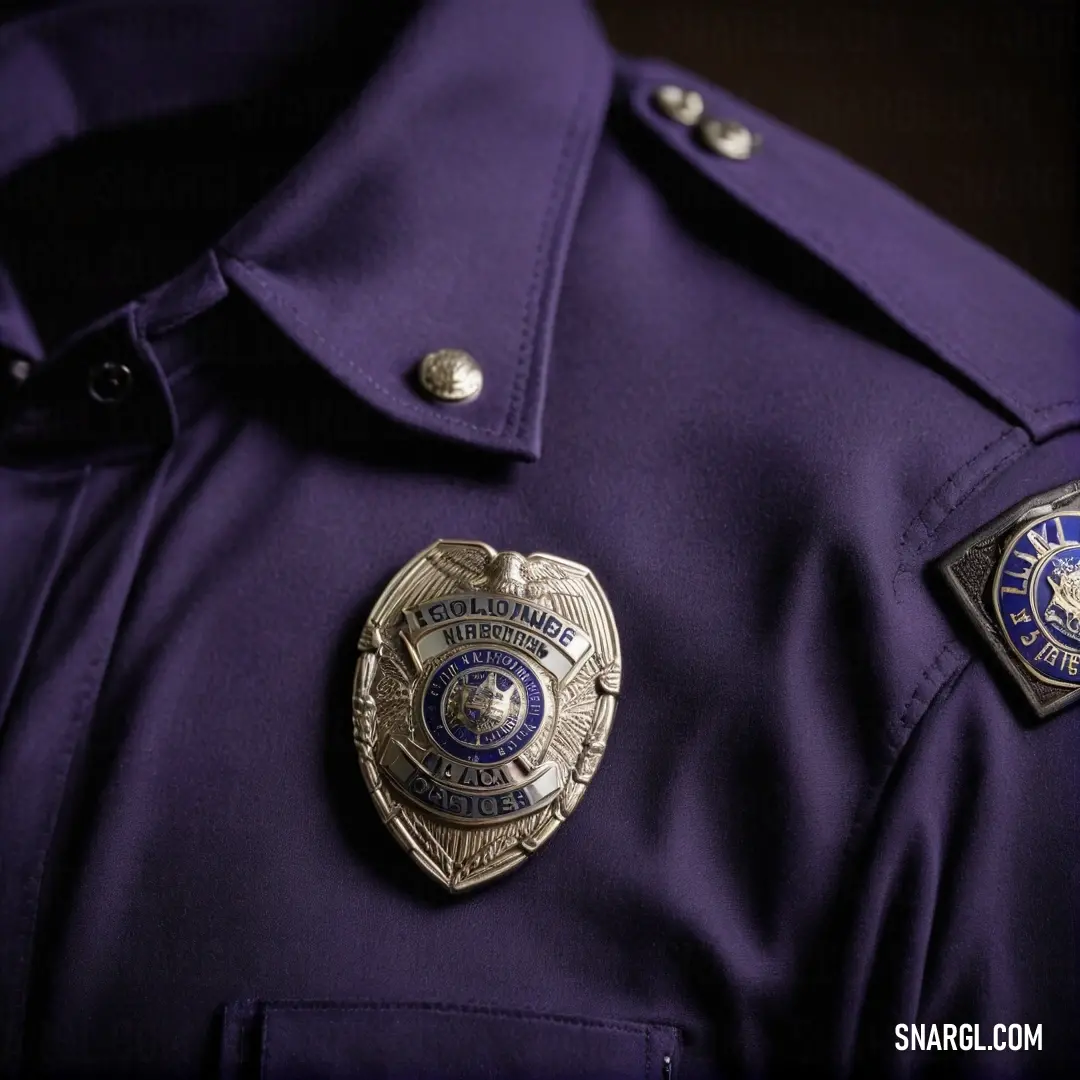 A striking representation of PANTONE 2622 showcased in a polished police officer's uniform, adorned with shiny badges that catch the light, illustrating the rich color's authority and sophistication.