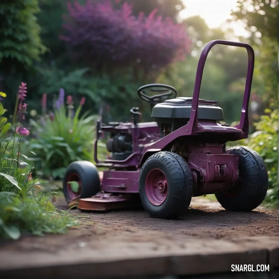 A vibrant purple lawn mower stands on a dirt road surrounded by lush greenery, flowers, and trees - a perfect blend of function and vibrant aesthetics that enhances the beauty of the garden space.