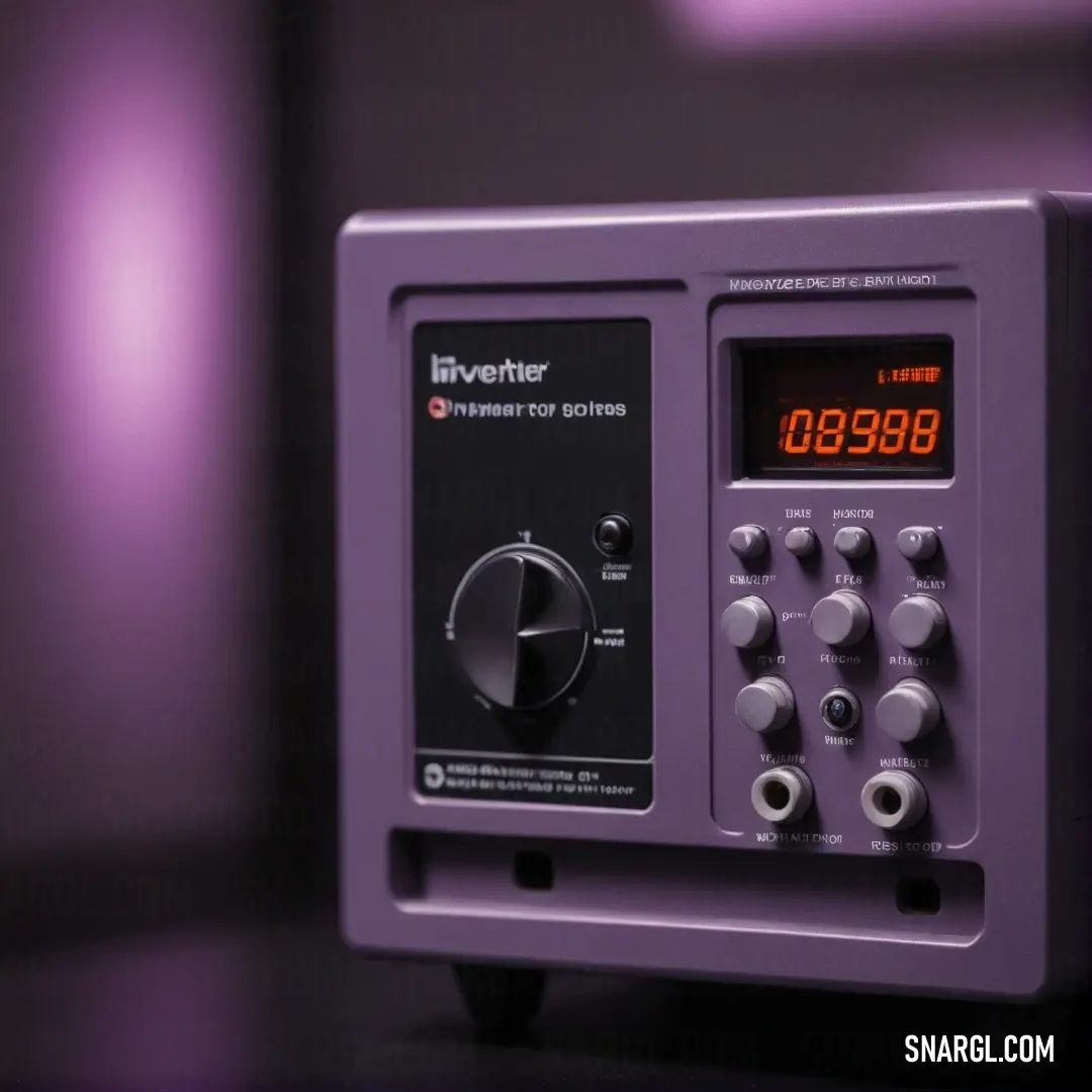 An artistic purple radio featuring a digital clock and timer on the display screen, set thoughtfully against a captivating purple background, showcasing the vivid CMYK 65,100,5,40 spectrum.