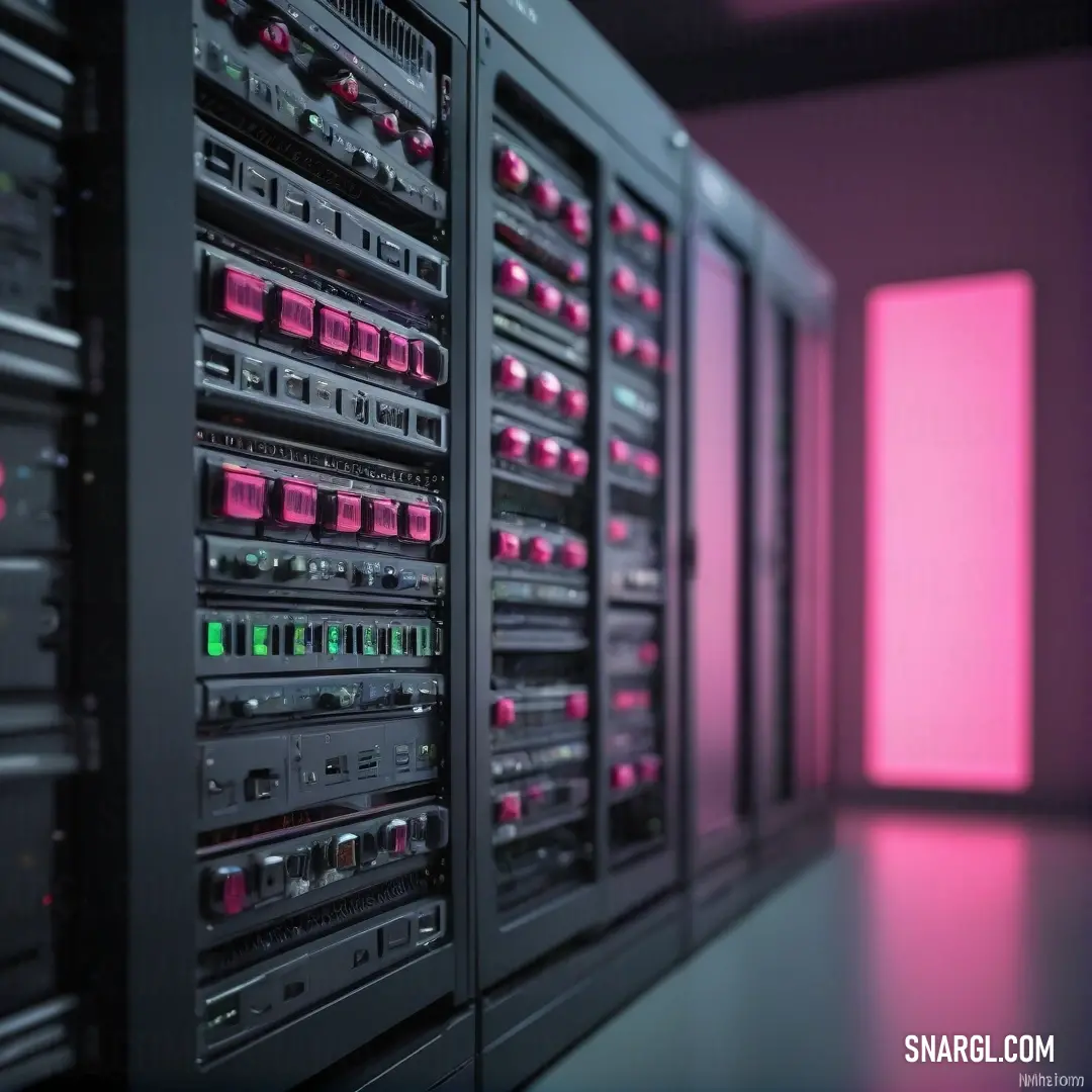 A row of servers in a high-tech data center, illuminated by soft pink lighting that reflects off the walls, creating a futuristic and dynamic atmosphere.