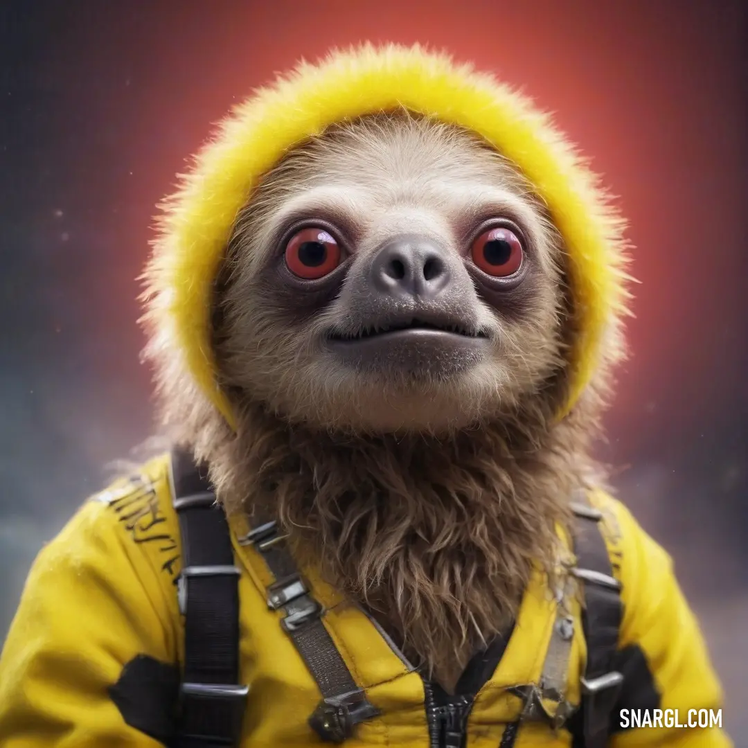 A sloth adorned in a vibrant yellow jacket and hat with a playful hood lounges contentedly, showcasing its laid-back demeanor as it carries a backpack, embodying a cheerful spirit of adventure.