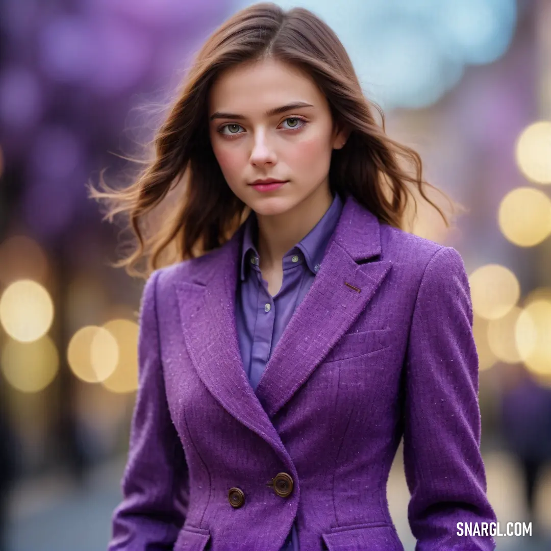 Woman in a purple suit is walking down the street with her hair blowing in the wind and her eyes closed. Color PANTONE 2622.